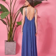 Blue Satin Backless Dress with Sequin Strap & Side Cutouts